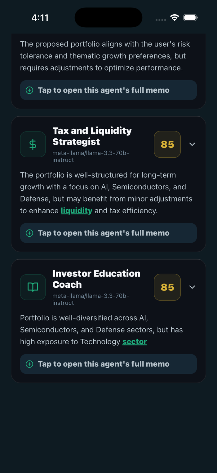 Alphara committee memo screen showing the Tax and Liquidity Strategist and Investor Education Coach reviews with agreement scores, for a sample portfolio.