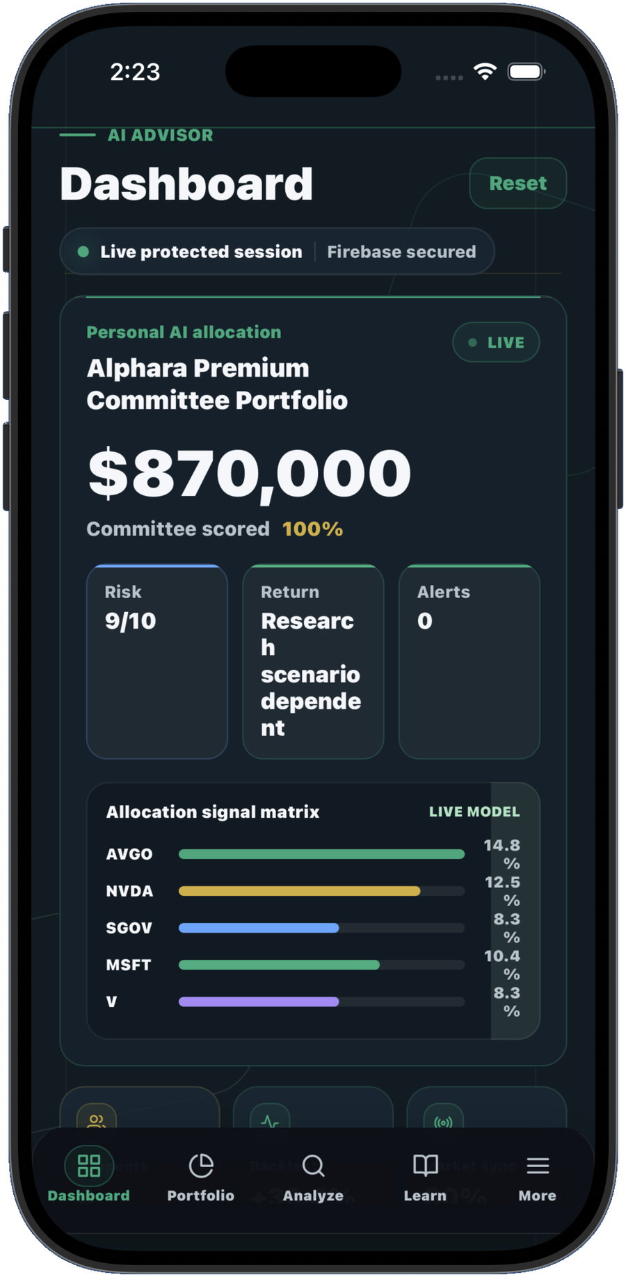 Alphara portfolio dashboard showing a sample AI-committee portfolio, allocation signal matrix, and risk rating.